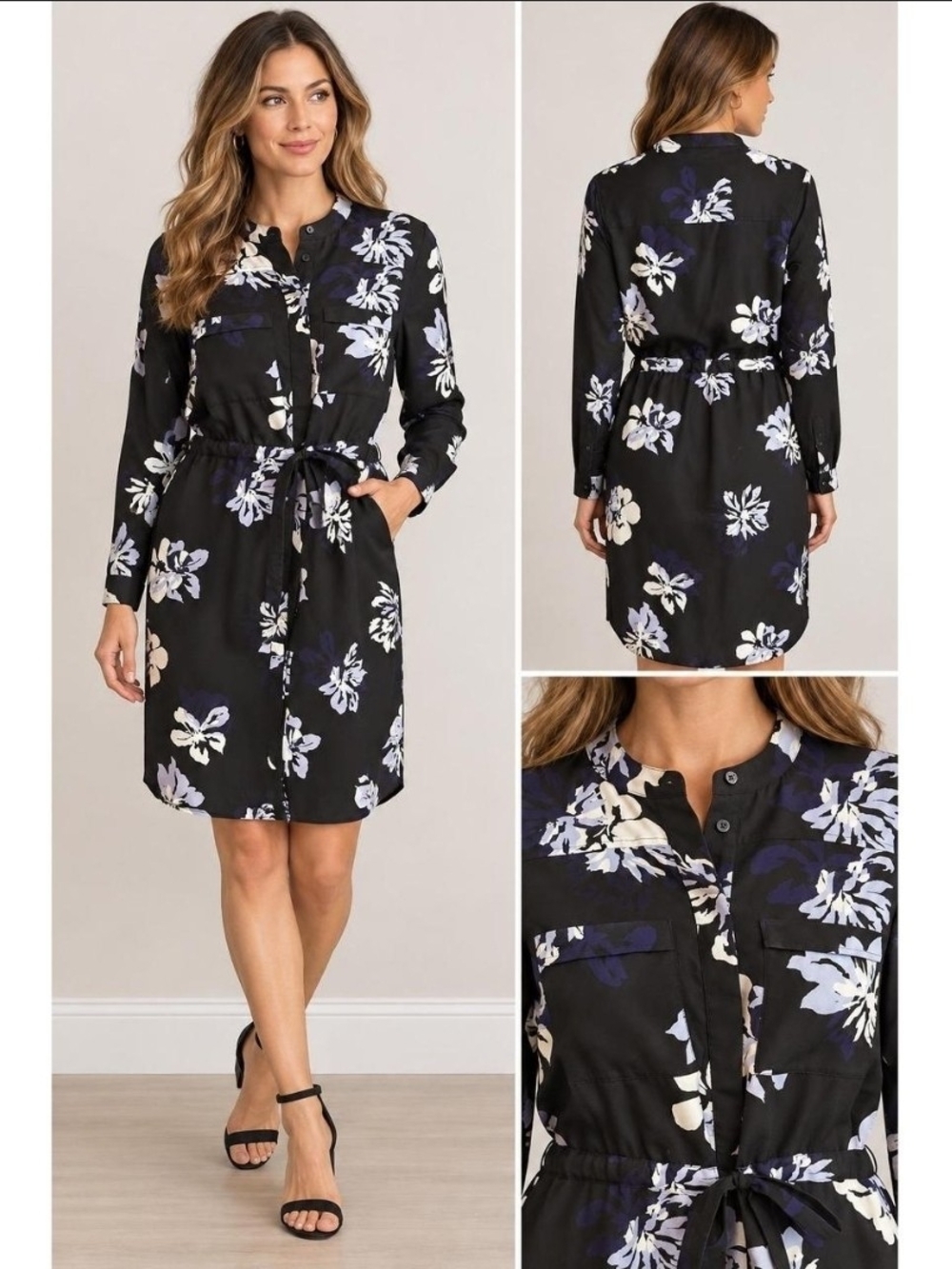 Banana Republic Black Shirt Dress with White & Lavender Floral Print
